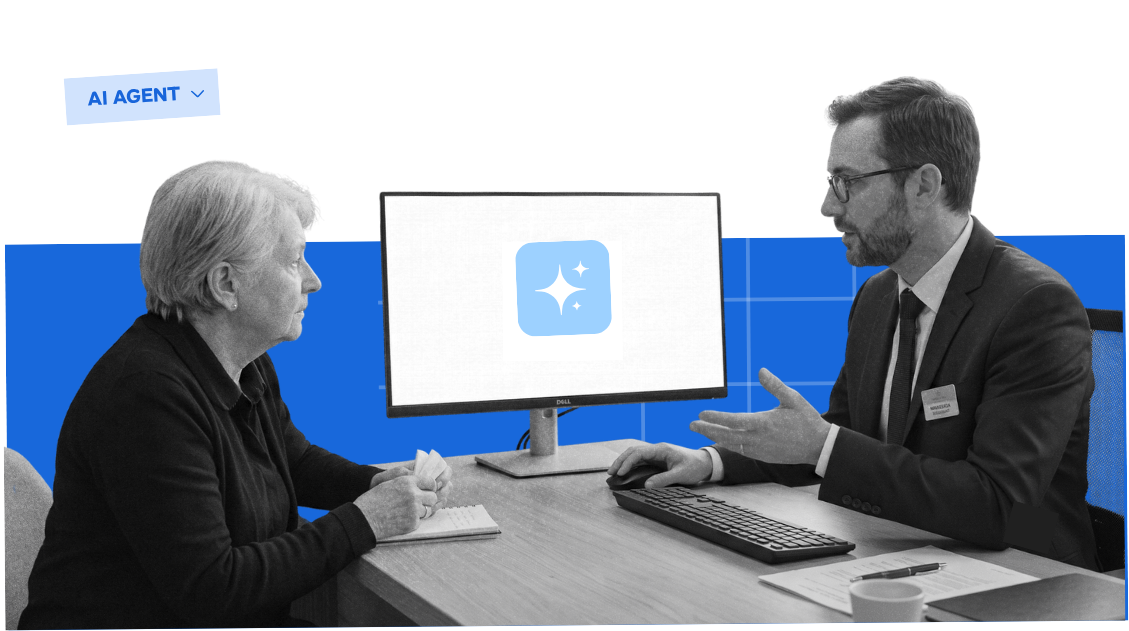 conseiller funéraire utilisant un logiciel avec intelligence artificielle en agence de pompes funèbres