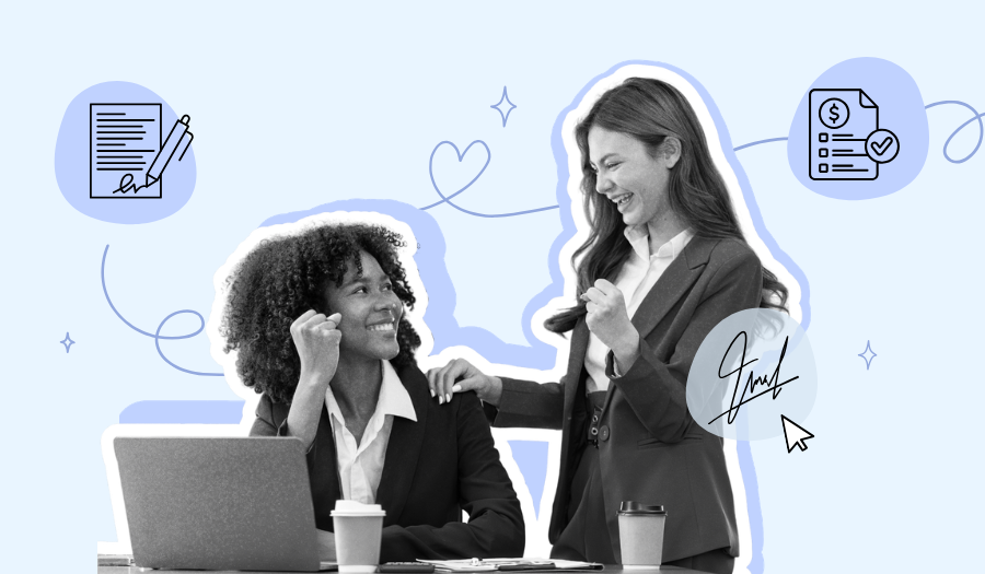 Gérantes de pompes funèbres souriantes devant ordinateur, discutant facturation électronique Simplifia avec documents et validation financière. Transition facile FE 2027 pour TPE funéraires.