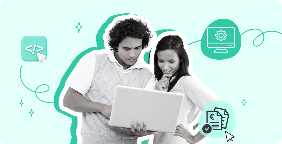 Deux professionnels funéraires regardant un ordinateur portable, symbolisant le choix d’un éditeur de logiciel funéraire performant pour gérer l’activité des pompes funèbres.